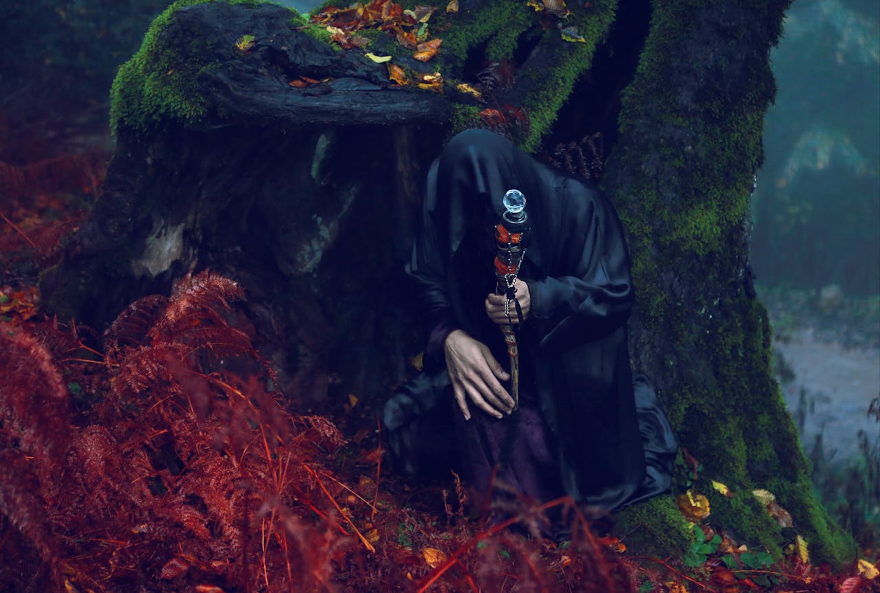 The Art of Drawing Readers In: Your attractive post title goes here Enlightening scene of a cloaked figure with staff in a mysterious forest surrounded by red ferns.